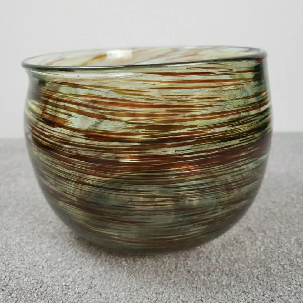 David Kolasky Signed Studio Blown Art Glass Vase Brown & Multi Swirls Bowl